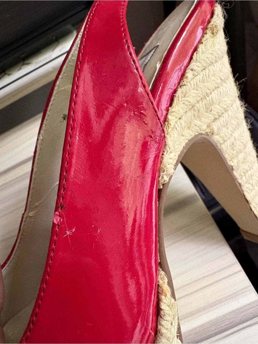 Spiegel Red Patent Peep-Toe Espadrille Wedges